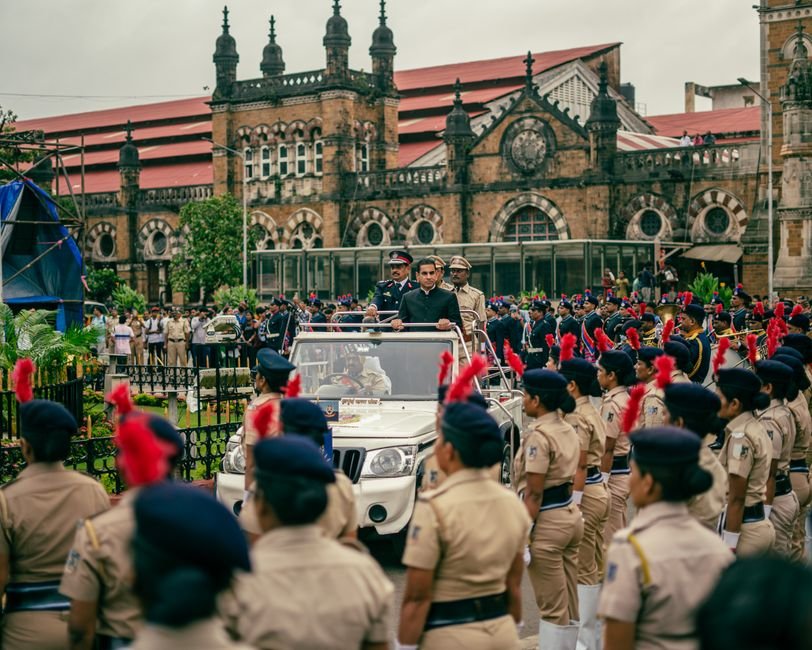 Jammu and Kashmir Cloudburst Tragedy: Ghulam Nabi Azad Expresses Deep Anguish Vibrant parade with police officers celebrating Independence Day in Mumbai, India, near Chhatrapati Shivaji Terminus.