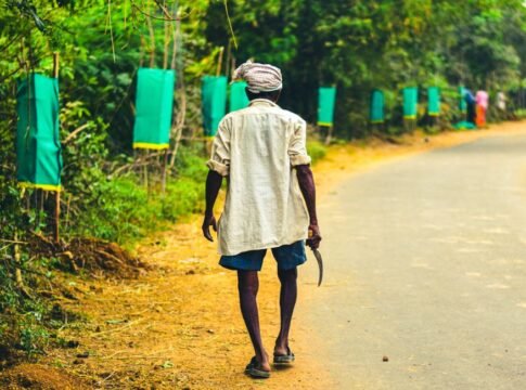 A man in a village road holding a tool, surrounded by nature in Chodavaram, India.