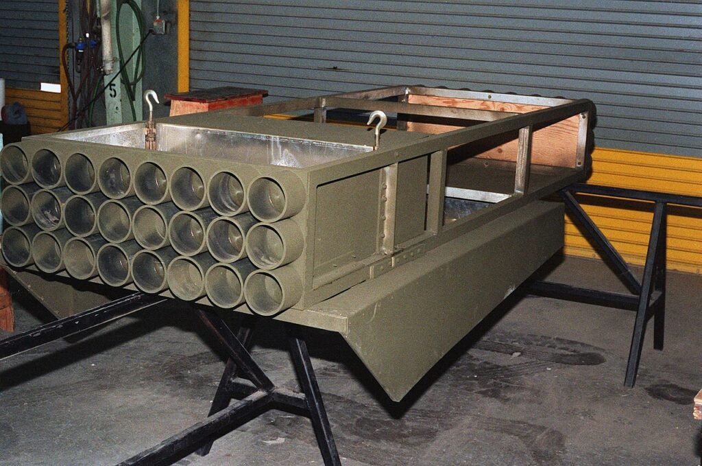 A mock-up of the Soviet BM-21 multiple rocket system being assembled for opposing force exercises at the National Training Center.