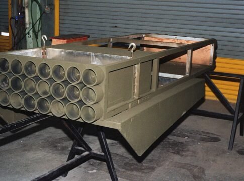 A mock-up of the Soviet BM-21 multiple rocket system being assembled for opposing force exercises at the National Training Center.