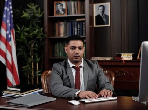 Corporate professional sitting at desk with American flag in office.