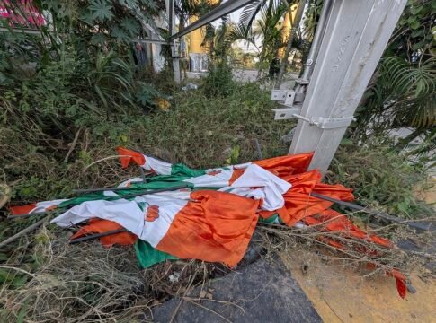 Discarded flags of India National Congress, near Golden Charminar 
