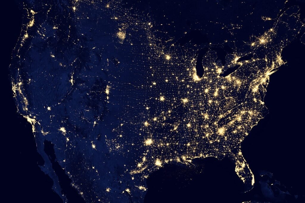 NASA image acquired April 18 - October 23, 2012 This image of the United States of America at night is a composite assembled from data acquired by the Suomi NPP satellite in April and October 2012. T…