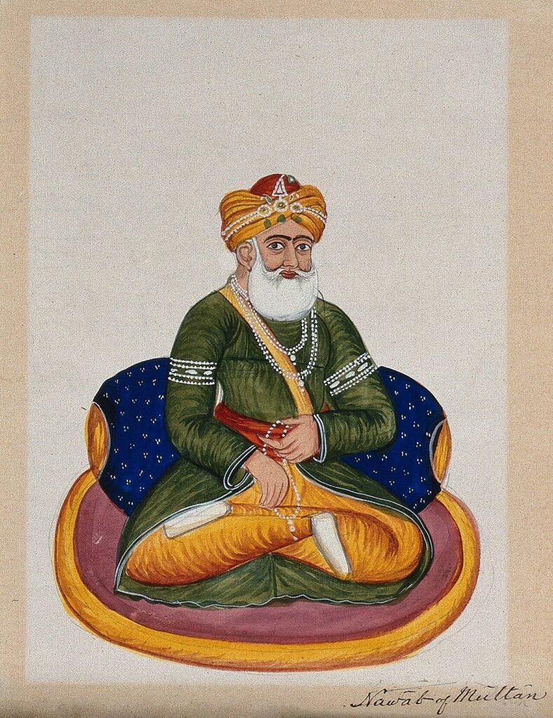 Nawab Sarfaraz Khan of Multan (Nawab Sarfaraz Khan Saddozai). Gouache painting by an Indian painter. Wellcome Collection. He was the eldest son of Nawab Muzaffar Khan Saddozai (Nawab Muzaffar Khan; l…