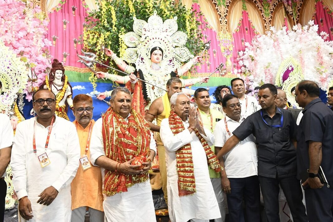 Bihar, Jharkhand Sign Sone Water-Sharing Agreement After Decades-Long Dispute Nitish Kumar with Sanjeev Chaurasiya and Vijay Kumar Sinha at Khajpura Pandal for Durga Puja