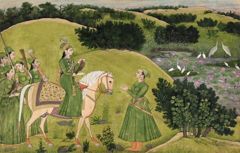 Painting of a begum out hawking with her maids, possibly a depiction of Badshah Begum [alt. known as 'Malika-uz-Zamani', 'Malka Zamani', or 'Begum Malka Zamani'], attributed to Nainsukh, Jammu, ca.17…
