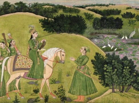 Painting of a begum out hawking with her maids, possibly a depiction of Badshah Begum [alt. known as 'Malika-uz-Zamani', 'Malka Zamani', or 'Begum Malka Zamani'], attributed to Nainsukh, Jammu, ca.17…