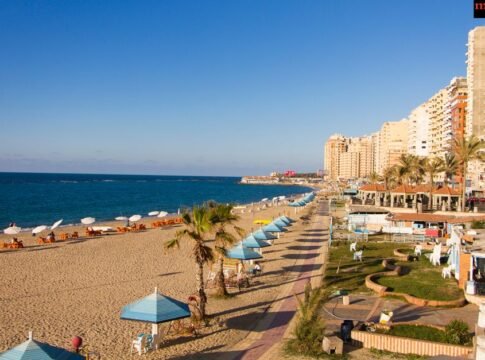 Scenic view of the Alexandria coastline with beach huts and Mediterranean Sea. Scenic view of the Alexandria coastline with beach huts and Mediterranean Sea.