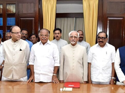 The Vice President and Chairman, Rajya Sabha, Shri M. Hamid Ansari with the newly elected Members of Rajya Sabha, Shri Lakshmikanta Rao Voditela, Shri Venumbaka Vijaya Sai Reddy and Shri Srinivas Dha…
