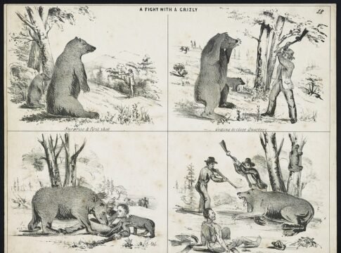 Title: A fight with a grizly [i.e. grizzly] / Lith. & Pubd. by Britton & Rey, S. Franco. Abstract/medium: 1 print : lithograph ; 20.8 x 26.8 cm.