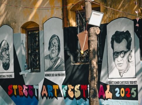 Vibrant street art mural depicting famous figures at a festival in Kolkata, India. Vibrant street art mural depicting famous figures at a festival in Kolkata, India.