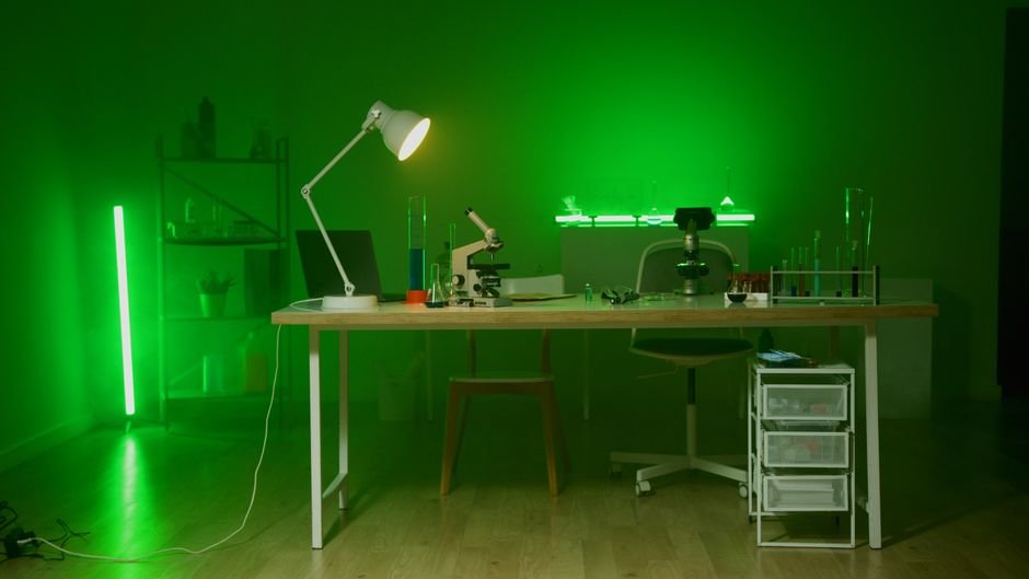 UK Government Emphasizes Science Advisory Role in Policy-Making A modern lab setup with a microscope and green lighting, focused on research and technology.