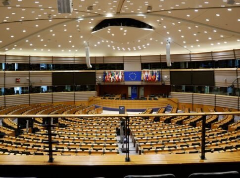 Empty European Parliament auditorium in Brussels, Belgium.