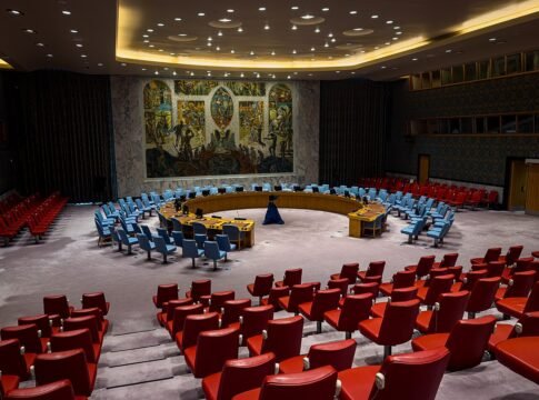 Looking at the empty Security Council chamber of the United Nations at their Headquarters in New York