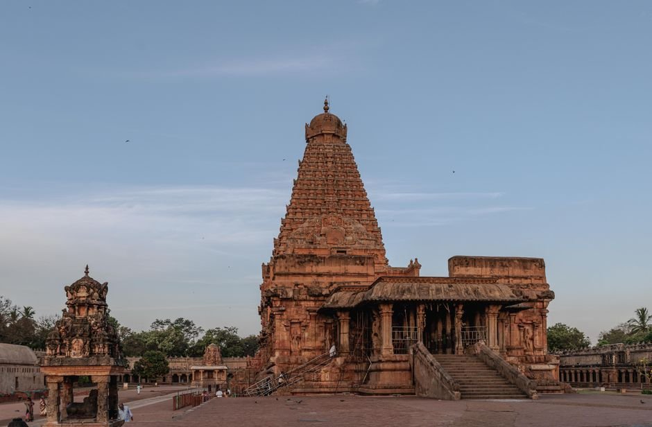 Madurantakam Bypoll: DMK Candidate Paranthamen Files Nomination Majestic view of Brihadeeswara Temple in Thanjavur, showcasing Chola architecture at dawn.