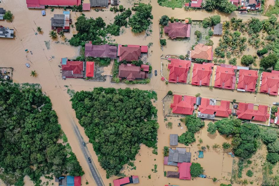 Andhra Pradesh Floods Cause ₹150 Crore Damage in Srikakulam; Agriculture Devastated Overhead view of colorful roofs of residential buildings and lush green trees in flooded small village