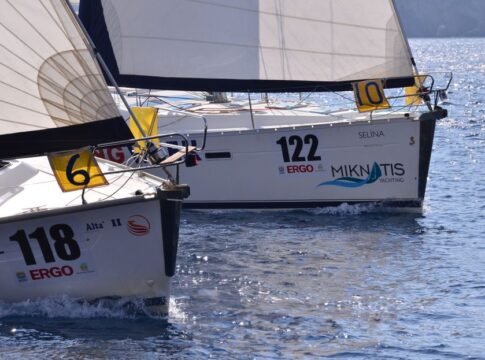 Sailboats with numbered sails competing in a vibrant ocean race under clear skies. Sailboats with numbered sails competing in a vibrant ocean race under clear skies.