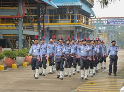 Security personnel in uniform performing a synchronized march at an industrial facility. Security personnel in uniform performing a synchronized march at an industrial facility.