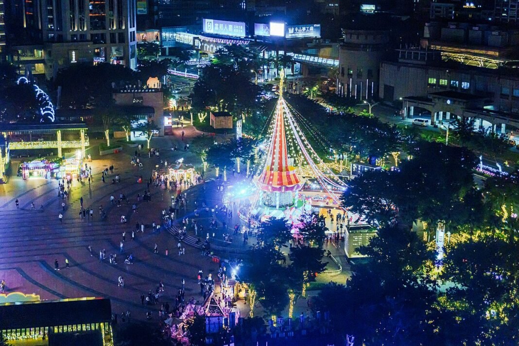 NTPC Electron Quiz South Regional Round Ignites Intellectual Competition in Chennai Through the glass curtain wall looking to " 2025 Christmasland in New Taipei City " sight on New Taipei City Civic Square from the 10th floor of shopping mall Mega City