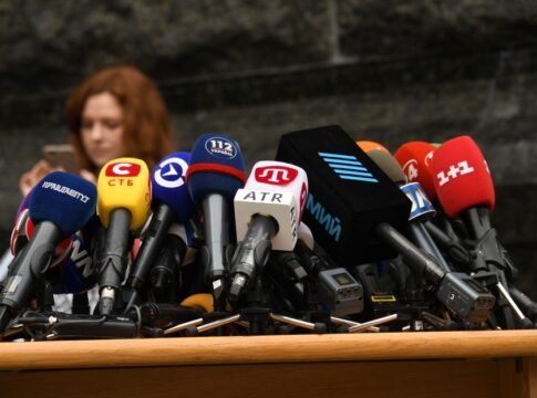 Various microphones setup at a press conference in Kyiv, Ukraine.