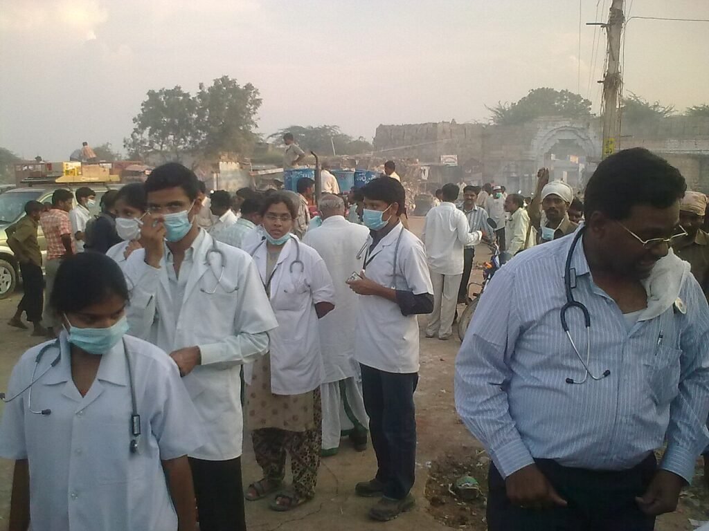 this is a photograpf of a flood releif medical camp, conducted at alampur, mahaboobnagar, andhra pradesh, india.