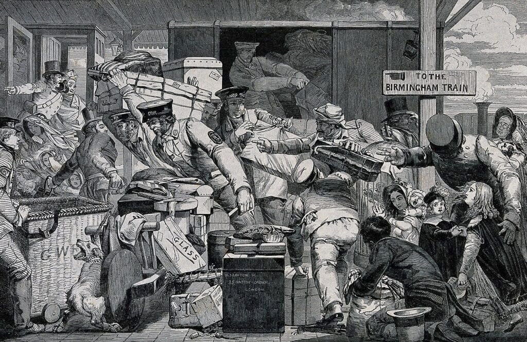 A railway station: a number of porters helping with people's luggage and giving some children directions. Wood engraving by W.J. Linton. Iconographic Collections Keywords: William James Linton