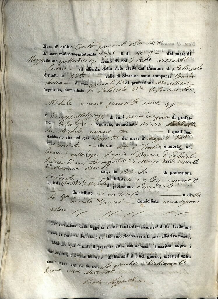 Atto di Morte dello stato di civile di Palazzolo Acreide n.148 del 3 maggio 1835 del Barone Archeologo Gabriele Judica di Bauli, d'atto si evince che è nato e morto a palazzolo acreide non come qualc…