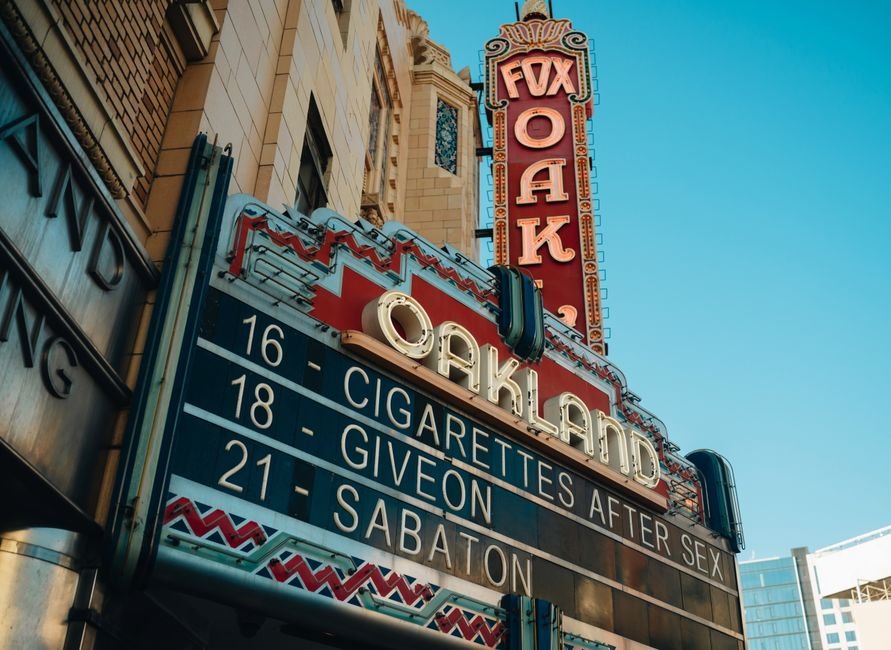Cranford Theater Celebrates Centennial Amid Resilience and Renewal Exterior shot of the Fox Theater marquee in Oakland, California featuring upcoming events.