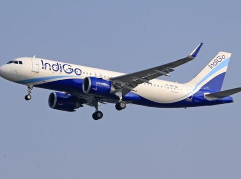 IndiGo commercial airline flying against a clear blue sky, signifying travel and aviation. IndiGo commercial airline flying against a clear blue sky, signifying travel and aviation.