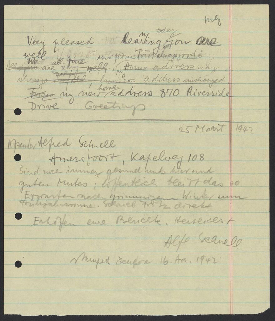 Note containing drafts of Red Cross messages sent between Max Bredig (1902-1977) and his former colleague and friend, Alfred Schnell (1900-1944), in the spring of 1942. Schnell and his wife, Eva, fle…