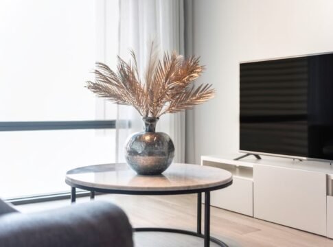 Stylish living room featuring a TV, table, and a vase with decorative leaves.