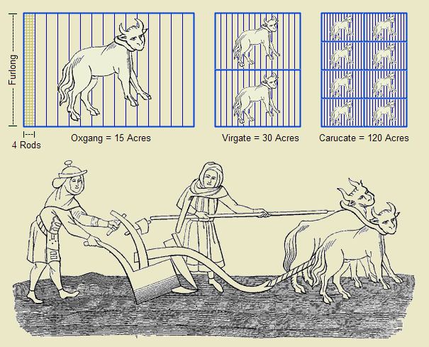 This derivative work depicts six historical units of land measurement: the furlong, the rod, the oxgang, the virgate, the carucate, and the acre. This work is a derivative of Ploughmen.--Fac-simile o…