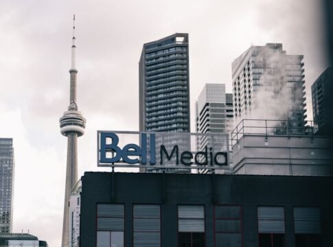 View of Toronto skyline featuring the CN Tower and Bell Media sign.